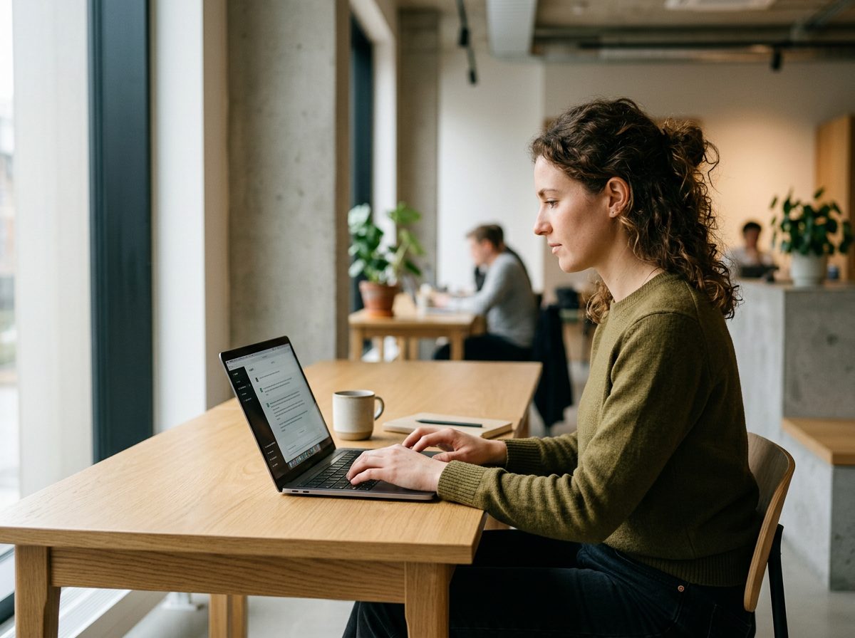 Woman working on a laptop in a library